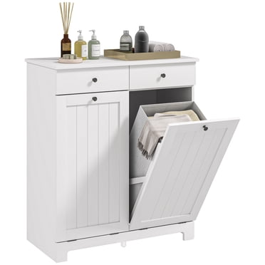 HOMCOM Panier à Linge Basculant, Armoire à Paniers à Linge avec Tiroir, Blanc