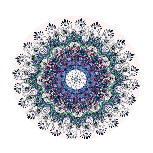 Polyester round tablecloth with elastic band, featuring a vibrant mandala design in blue, green, and purple tones. Fits round tables up to 1.5m (59 inches) in diameter, ideal for catering, events, restaurants, and everyday use. Water-resistant vinyl backing ensures durability for indoor and outdoor settings, making it suitable for restaurant textiles.