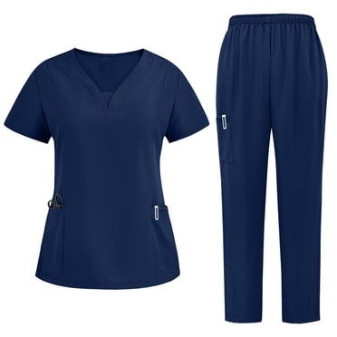 HaiMao Ensemble de Sarrau pour Femmes, Haut à Col en V Extensible et Pantalon Cargo, en Liquidation, Bleu Marine, TTG