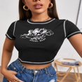 thumbnail image 3 of Women Angel Print T-Shirts Short Sleeve  Neck Contrast Stitch Crop Tops, 3 of 7