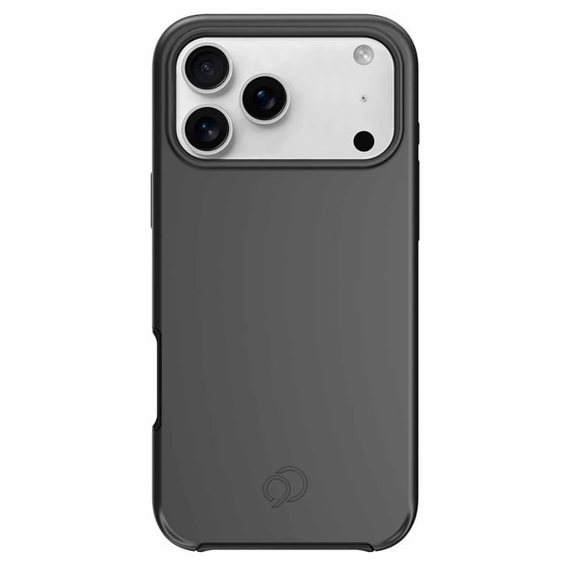 Nimbus9 Cirrus 3 MagSafe Case Black for iPhone 17 Pro Max shown from the back in a centered view, featuring a matte black dual-layer design with soft-touch texture, precise cutouts for triple cameras and flash, shock-absorbing 3D HEXA PATTERN, RISEGUARD corner fins for drop protection, and magnetic accessory compatibility.