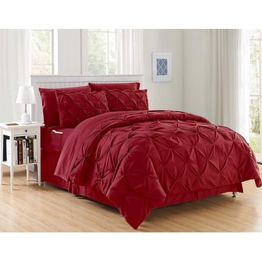 Ensemble de Douillette 8 Pcs Bed-In-A-Bag - Douillette au Design Plissé Soyeux et Doux, Ensemble de Draps, avec Poches de Rangement Double Face, Très Grand/Cal Très Grand, Bourgogne