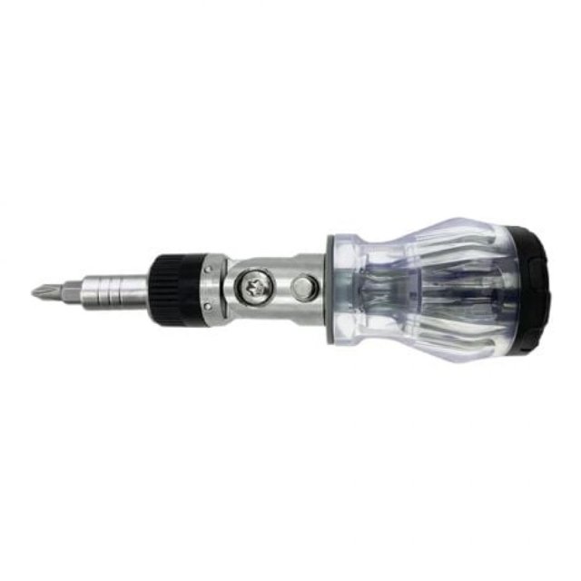 Multi Screwdriver Tool All in One Ratcheting Screwdriver Set with a transparent ergonomic handle that stores drill bits. Features include a magnetic bit holder for quick bit changes and three ratcheting modes: clockwise, counter-clockwise, and locked. Suitable for professionals and DIY projects.