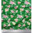 thumbnail image 1 of Soimoi Tissu en Voile de Coton Vert Feuilles & Roses Imprimé Floral au Mètre 56 Pouces de Large, 1 of 3