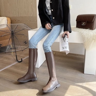 Nee High Boots Slip-on Block Heel Footwear Women Thick High Heels PU Leather Shoes Fashion Boots - Auburn / 38