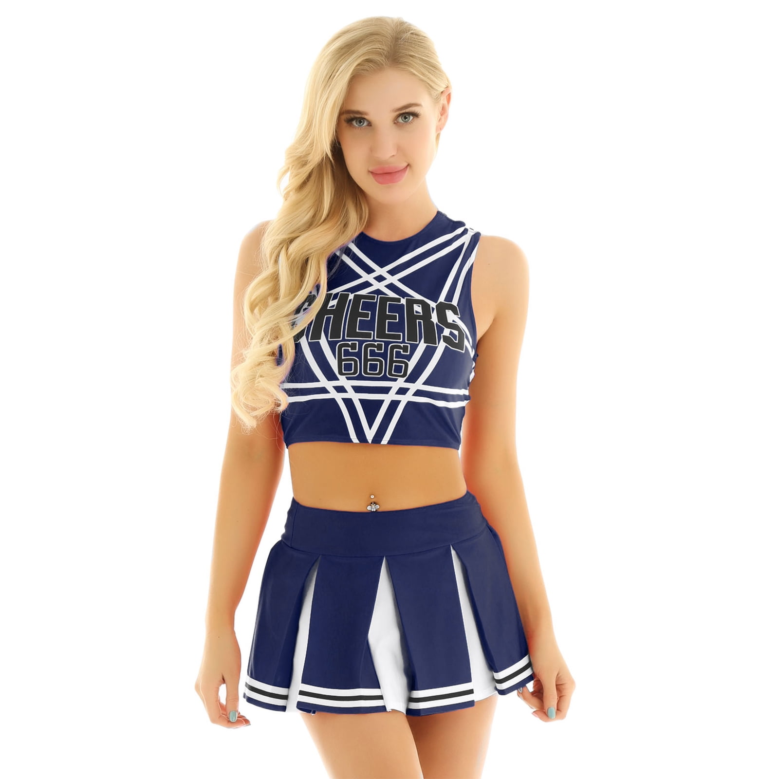 Aislor Women's Cheer Leader Crop Top with Mini Pleated Skirt Sets Cheerleading Uniform Set Navy Blue XL