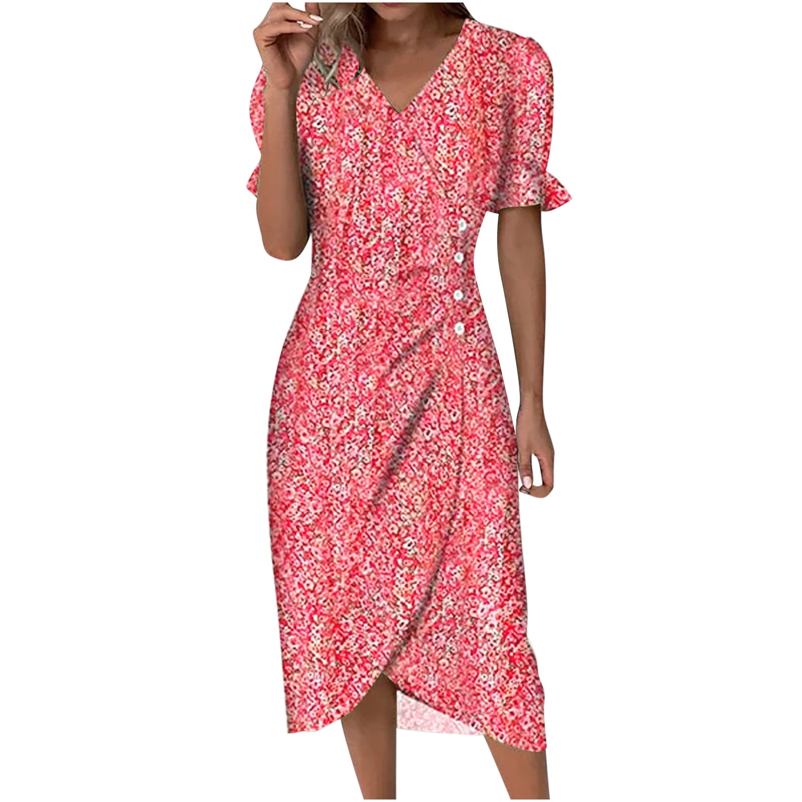 Dress For Womens Summer Floral Printed Irregular Hem Dress V Neck Short Sleeve Button Dresses