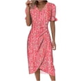 thumbnail image 1 of Lolmot Dress For Womens Summer Floral Printed Irregular Hem Dress V Neck Short Sleeve Button Dresses, 1 of 6