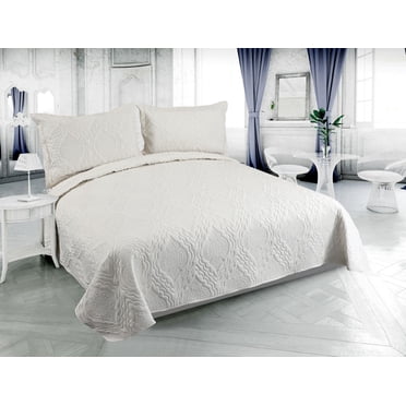 Marina Decoration Solid Embossed Pinsonic Coverlet Bedspread Bedding Ultra Soft Summer Quilt Set with Shams, Cream Color