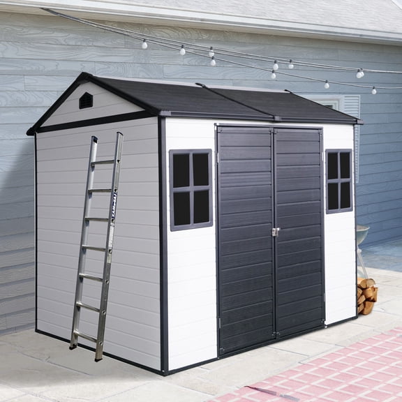 Remise de Rangement Extérieure en Résine 8 X 6 Pi - Remise à Outils Grise et Blanche avec Plancher, Serrure et Fenêtres - Solution de Rangement pour Jardin, Patio, Cour Arrière