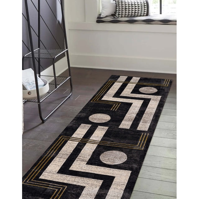 ECARPET Erisa Contemporary Runner Rug in black with cream geometric zigzag and circle patterns accented by gold lines, placed on dark hardwood flooring near a black metal shelf and a window seat with patterned cushions, suitable for hallways and entrances.