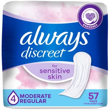 Always Discreet Incontinence Pads for Women with Bladder Leaks, Sensitive Skin Pads Moderate Absorbency, Regular Length, 57 Count