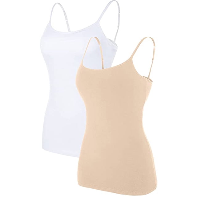 Charmo camisole Basique pour Femme à Bretelles Spaghetti Ajustables avec Soutien-Gorge Intégré, Lot de 2, Comprenant une camisole Blanche et une camisole beige. Ces Débardeurs en Mélange de Coton Incluent des Bretelles Spaghetti Ajustables, un Soutien-Gorge Intégré avec Bande Élastique pour le Soutien, et une Encolure Dégagée. Conçus pour le Confort et la Polyvalence, Ils Peuvent Être Portés Seuls Ou Superposés sous d'Autres Vêtements. Offerts en Plusieurs Tailles.