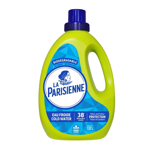 La Parisienne Biodegradable Cold Water Detergent in a lime green 1.52 L bottle with blue cap and handle, labeled for 38 loads, formulated for cold water use with fabric and colour protection, featuring recyclable packaging.
