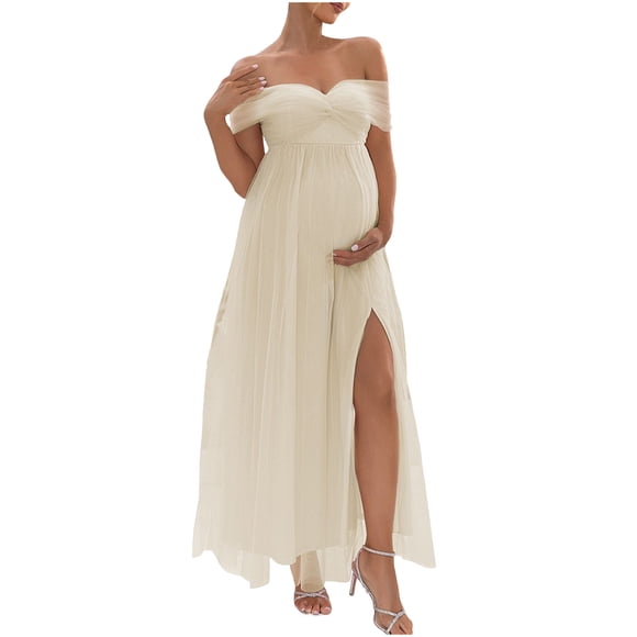 Women's Off-Shoulder A-Line Tulle Slit Long Maxi Maternity Dress for Photoshoot Baby Shower Wedding Guest Gown,White,S