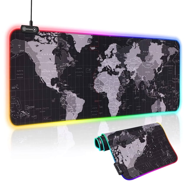 RGB Light Gaming Mouse Pad Keyboard Mat USB Foldable Non-Slip with Smooth Waterproof Surface - 80 x 30 cm. This extended mouse pad features a world map design on a soft, micro-textured cloth surface for precision and control. It includes RGB backlighting with 12 lighting modes, including 9 solid and 3 dynamic options, and a non-slip rubber base for stability. The foldable design allows for easy storage, and the waterproof surface ensures durability. Ideal for PC gaming setups.
