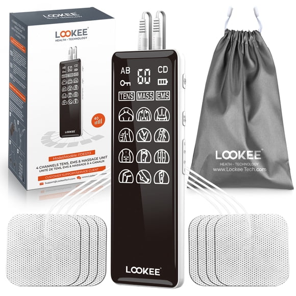 LOOKEE® LK113 Premium LED 4-Channel TENS Unit EMS Massage Muscle Stimulator for Pain Relief Therapy | Electric Pulse Massager | Licenced by Health Canada