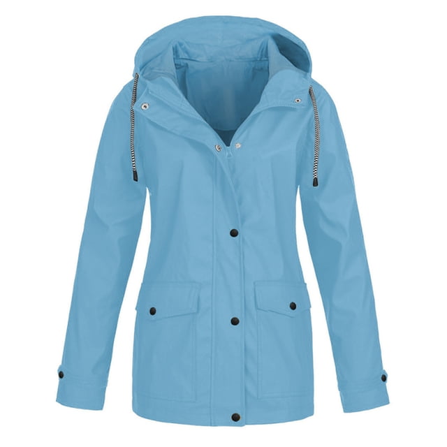 Veste pour Femmes Femme Imperméable Unie Manteau de Pluie Extérieur Grande Taille Imperméable à Capuche Vestes Coupe-Vent Manteau Uni Manteaux d'Hiver pour Femmes en Liquidation. une Veste de Pluie à Capuche Bleu Pâle en polyester, avec Boutons-Pression avant, Cordons de Serrage Ajustables et Deux Poches avant. Légère et Coupe-Vent, Idéale pour une Utilisation Décontractée et Extérieure en Toutes Saisons.