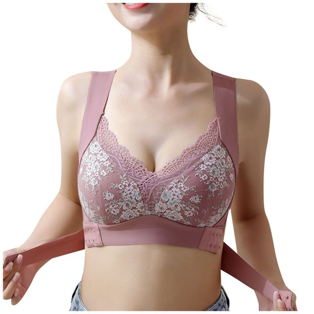 CHUANK Women‘s Front Closure Posture Wireless Back Support Lace Full Coverage Bra Sky Blue 4XL