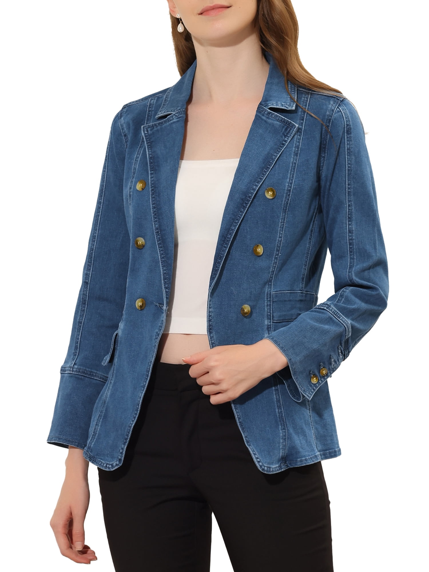 INSPIRE Chic Blazer en Jean pour Femmes, Revers, Col à Encoche, Manches Longues, Vestes en Denim, m Bleu Denim