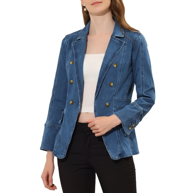 INSPIRE Chic Blazer en Jean pour Femmes, Revers, Col à Encoche, Manches Longues, Vestes en Denim, S Bleu Denim