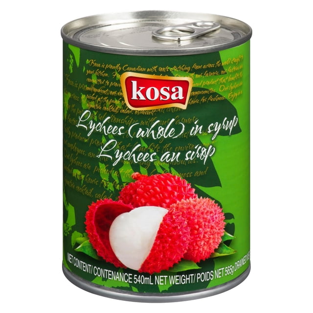Kosa Canned Lychee in Syrup featuring a green can with red lychee fruit illustration showing whole and peeled lychees, bilingual English and French text, 540mL net content, 565g net weight, suitable for adding flavor to desserts, salads, and beverages in East Asian canned food.