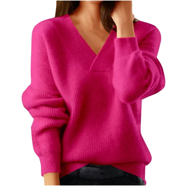 Timegard Hauts pour Femmes Manches Longues Col en V Tricot Confortable chandail-Over Automne Hiver Décontracté Ample Chaud Hauts