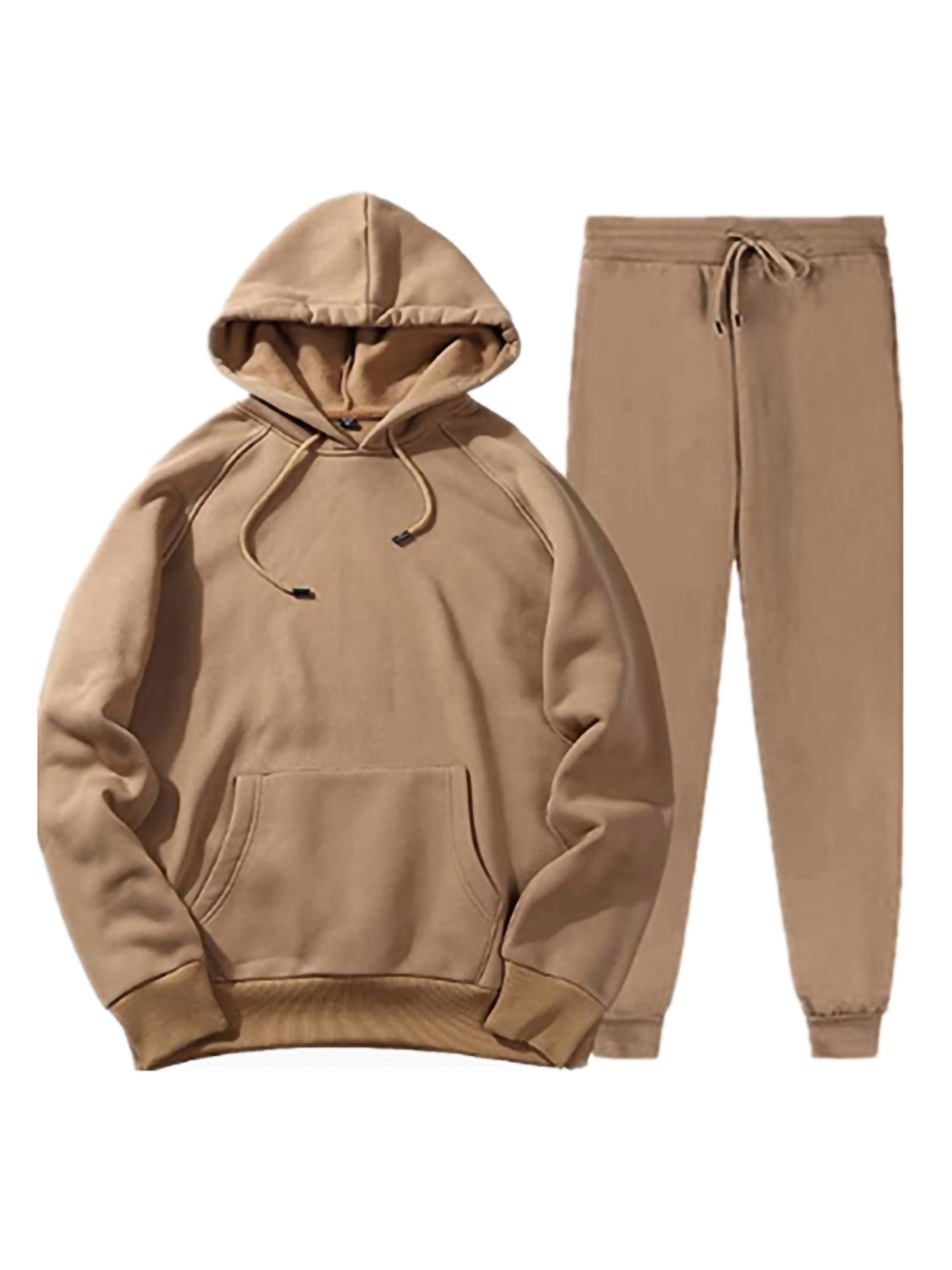 Innerwin Hoodies And Sweatpant Set Solid Color Mens Tracksuit Winter Hooded Warm 2 Piece Hoodie Camel M