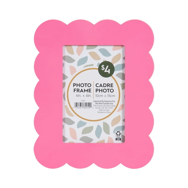 Scalloped 4x6 Pink Decorative Tabletop Picture Frame with a bright pink scalloped edge and rectangular photo opening for a 4 by 6 inch photo, featuring an attached easel for tabletop display, suitable as a decorative home accent or gift.
