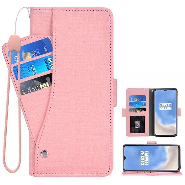 OnePlus 7T Case, iCoverCase Genuine Leather Wallet Case Slim Fit Folio Book Design with Stand and Card Slots Flip Case Cover for OnePlus 7T (Gray)