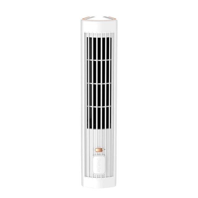 TopLLC Portable Air Conditioners Desktop Remote Control Tower Fan with a sleek white cylindrical design, vertical vents, and a control button at the base. This oscillating fan offers energy-efficient cooling, USB charging, and silent operation, suitable for home, office, or bedroom use.