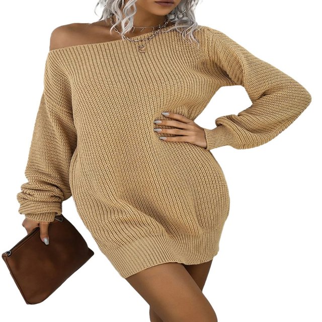 Robe Chandail Épaules Dénudées pour Femmes Manches Longues Couleur Unie Robe Tricotée Ample Robe Mini Automne