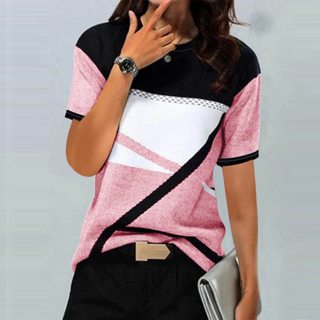 Babysbule T-Shirts à Manches Courtes pour Femmes T-shirt Décontracté pour Femmes à Imprimé Géométrique Blouse d'Été pour Dames Col Rond Hauts Décontractés