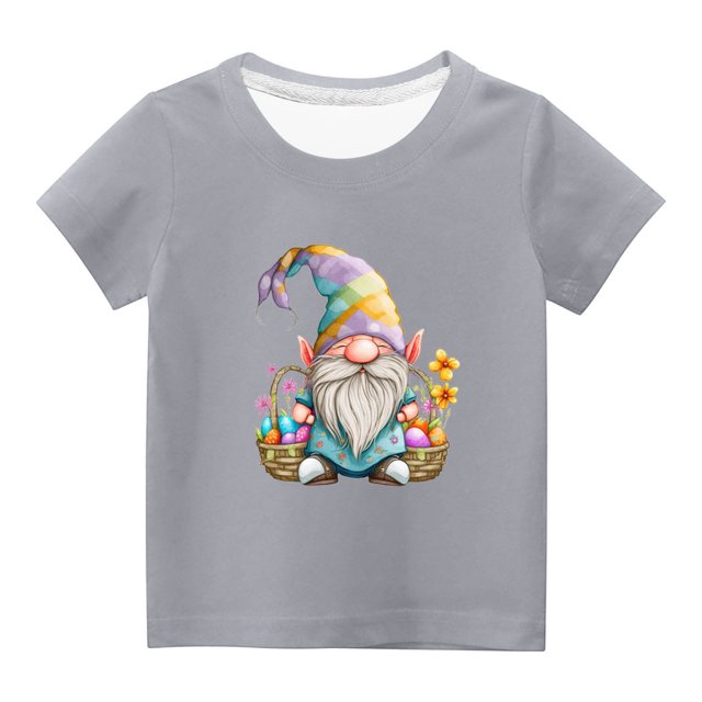 Penkiiy T-Shirts de Pâques pour Enfants Garçons Filles Mode Mignon Nain de Pâques Imprimé Col Rond Manches Courtes 11 Ans Gris
