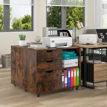 Giantex Classeur Roulant, Classeur Latéral avec Étagères de Rangement Ouvertes, Organisateur de Rangement sous le Bureau, Support d'Imprimante Mobile, Brun