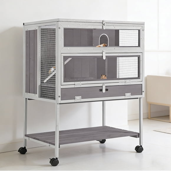 Aivituvin Guinea Pig Cage, Moveable Metal Frame Hamster Cage Anti-Chewing with Aluminium Alloy Edge, Hideouts, Ramps, Seesaws Chewing Toy, Deeper Pull-Out Leakproof Tray for Indoor Outdoor(White)