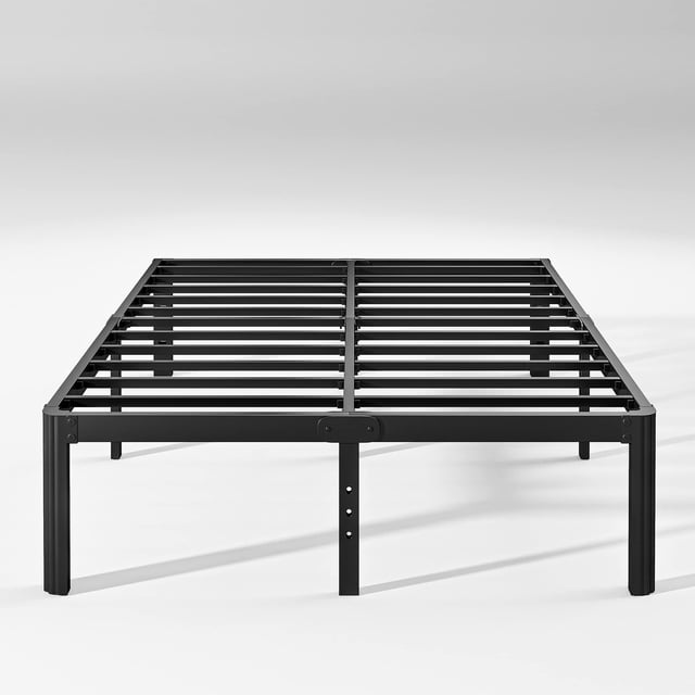 ULIESC 14 Inch High Queen Bed Frame in black, featuring a heavy-duty metal platform design with rounded corners for safety and style. The frame includes slats for mattress support, eliminating the need for a box spring. It offers 12 inches of under-bed storage space and is compatible with headboards. The sleek and noise-free structure is easy to assemble, making it a practical choice for bedroom furniture.