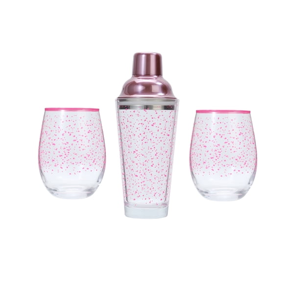 Shaker à Cocktail Betsey Johnson Et 2 Verres à Vin Sans Pied à Pois Roses Sous Licence Authentique