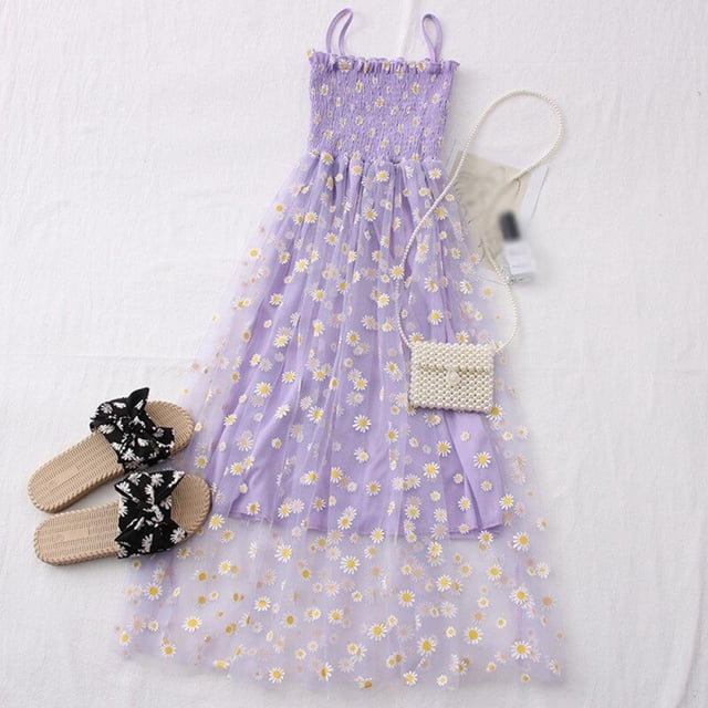 PENGXIANG Daisy Robe en Maille Imprimé Fleur Deux Couches Spaghetti Sangle Vacances Midi Robe Plage Vestidos Été