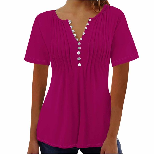 AherBiu Womens Tops Summer Button Round Neck Solid Color Ruched Dressy Casual Loose Tunics Tshirts