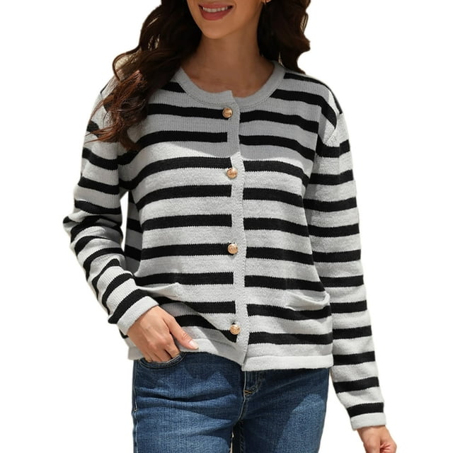 Cardigan à Rayures pour Femmes, Chandail Tendance à Manches Longues, Boutonné, Col Ras du Cou, Cardigans en Tricot