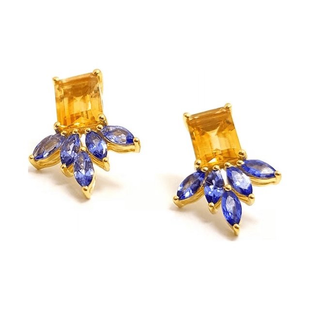 Natural Citrine Earrings-14k Gold Designer Exclusive Floral Design Stud Earrings