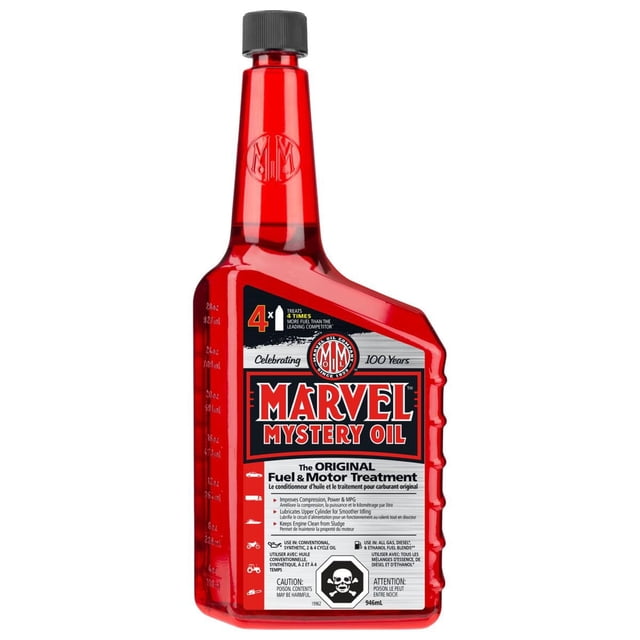 MARVEL OIL red plastic bottle of Marvel Mystery Oil fuel additive and motor treatment with black cap, showing a front label indicating 4x treatment strength, 946 ml volume, and usage instructions for lubricating fuel systems and enhancing engine performance.