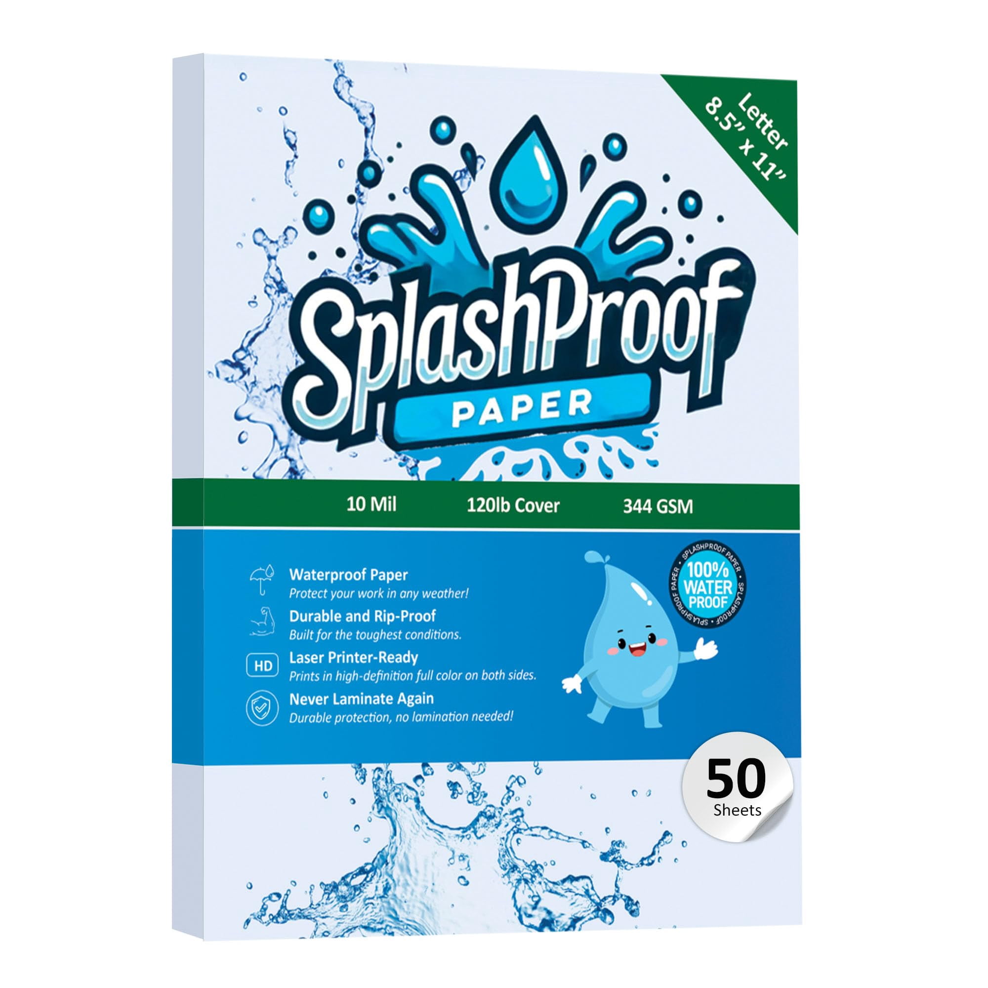 SplashProof Printer Paper - 8.5" x 11", 10 Mil Waterproof Paper, Laser Printer & Copy Machine Compatible (50 Sheets)