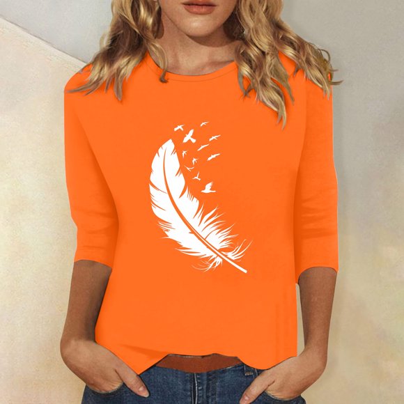 Jienlioq Tops for Women Trendy Women's Loose Casual Orange Knot Orange Round Neck Three Quarter Sleeve T-Shirt Top Black Friday Deals