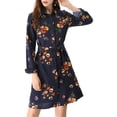 thumbnail image 2 of Allegra K Robe-Chemise à Fleurs pour Femme à Revers, Boutonnée, Ceinturée, S Bleu Foncé, 2 of 8