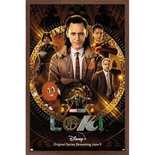 Marvel Loki - Affiche Murale en une Feuille, 14,725 Po x 22,375 Po Encadrée Présentant une Vue Centrée Orientée vers l'Avant de Loki avec une Veste Brune et une Cravate Rayée, Entourée d'Autres Personnages et un design Mystique Doré Circulaire, avec Marvel Studios et Disney+ logos et date de Diffusion le 9 Juin, Idéale pour Décorer des Chambres, des Bureaux Ou des Résidences Étudiantes.