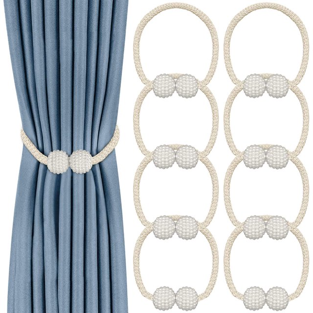 LAICAIW Lot de 8 Embrasses de Rideau en beige avec un design en Forme de Perle, Présentant des Fermetures Magnétiques Puissantes et une texture Tressée. Ces Embrasses Décoratives Sont Montrées Assurant un Rideau Bleu et Conviennent à Divers types de Rideaux, Y Compris les Rideaux Occultants et Transparents. Aucun Outil n'Est Requis pour l'Installation, et la Longueur Ajustable Permet une Utilisation Polyvalente dans les Salons, Chambres Ou Bureaux.