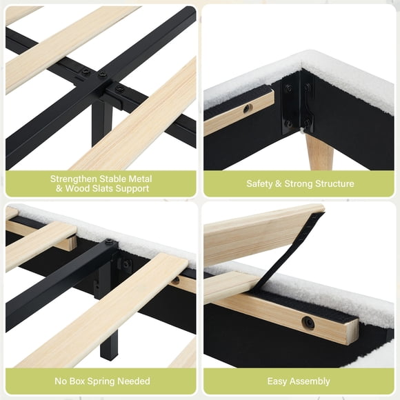 Cadre de Lit Plateforme Élégant Rembourré pour Enfants Filles – Tête de Lit Douce en Bouclé, Lattes en Bois Simple, Aucun Sommier Requis, Assemblage Facile – style Blanc Crème, Simple