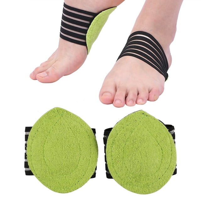 Greensen New Fashionable Foot Heel Pain Relief Plantar Fasciitis Insole Support Shoes Insert Pads shown in a pair. The pads are made of green SBR material with a black elastic compression band for a secure fit. Designed to provide support and comfort for tired, achy feet, they help alleviate pain caused by plantar fasciitis and reduce stress on the feet, knees, hips, and lower back. Suitable for use with various footwear or barefoot. One size fits all, ideal for both men and women.